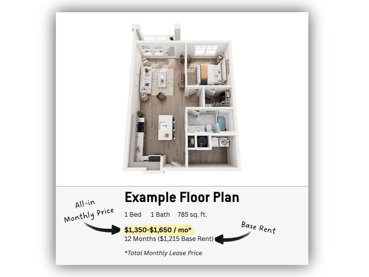 A 3D floor plan of a one-bedroom, one-bath apartment with a kitchen, living area, and labeled pricing information showing monthly rent from $1,350–$1,650.
